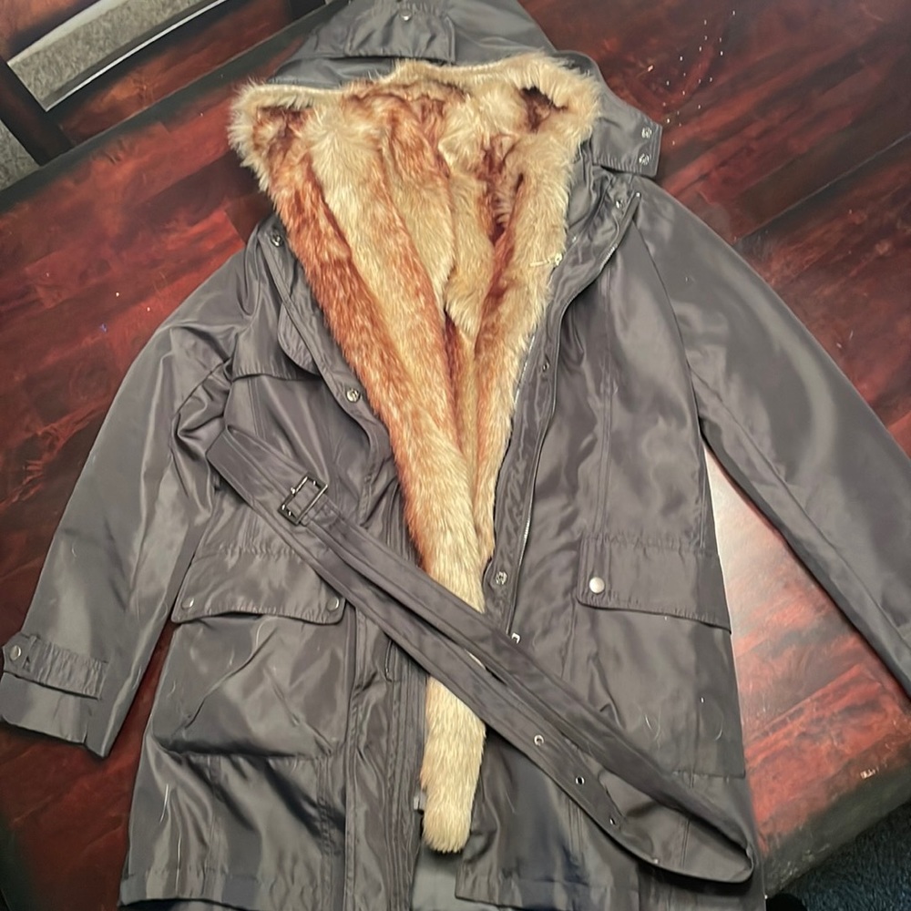 Black fur lined parka coat with belt